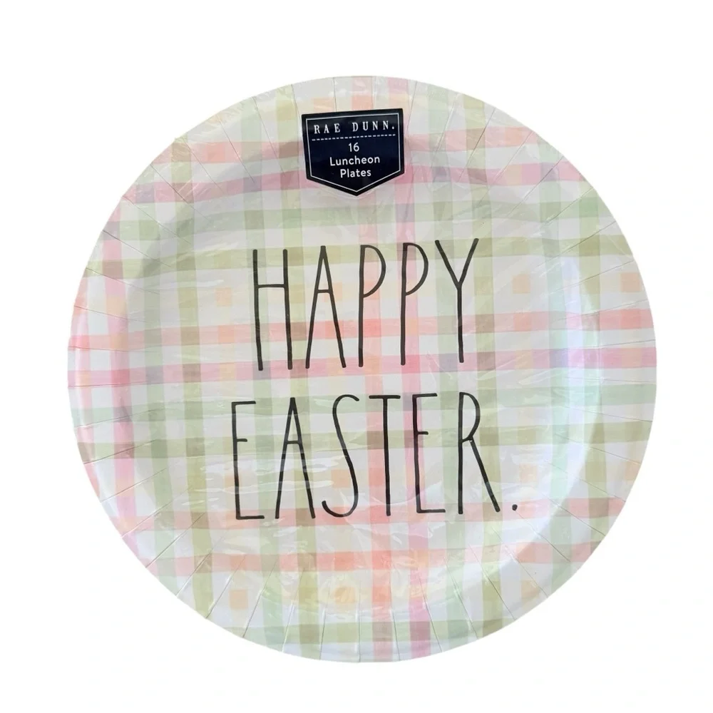 Rae Dunn Happy Easter 16 Luncheon Plates in Pastel Plaid